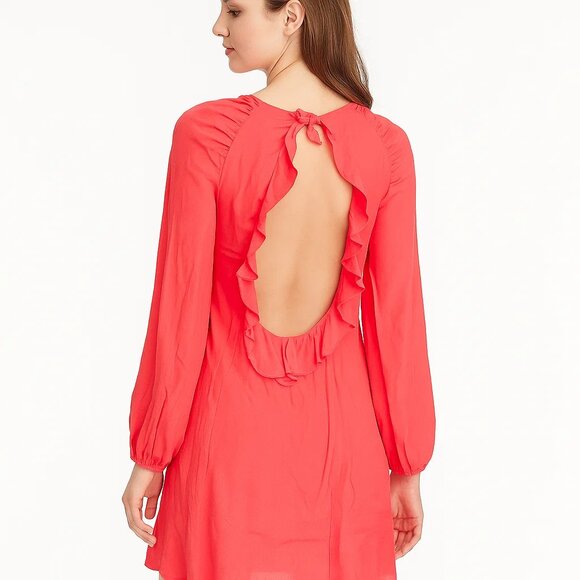 ZARA Trafaluc Ruffle Open Back Long Sleeve Mini Dress - Size M - Coral NWT - Picture 6 of 6